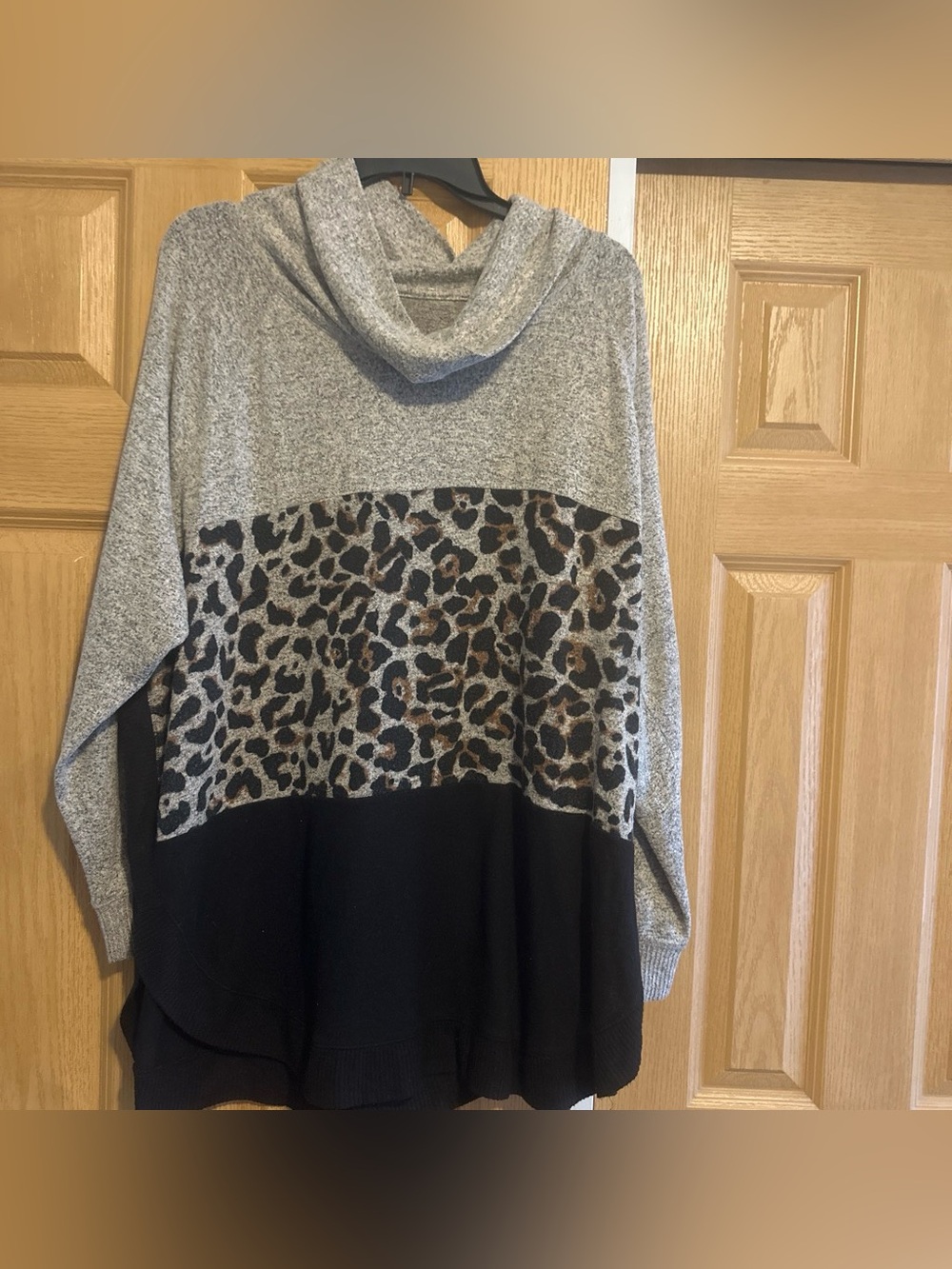 Maurices Gray Cowl Neck Sweater with Leopard Panel and Black Hem